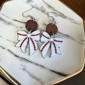 Wooden Baseball Stitch Bow Earrings